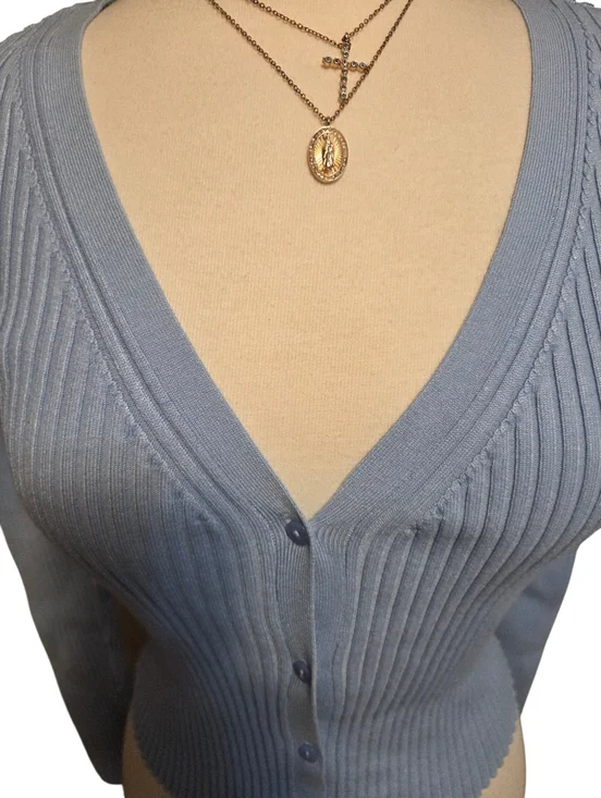 H & M Baby Blue Ribbed V-Neck Button-Up Sweater Size Medium - Picture 2 of 3